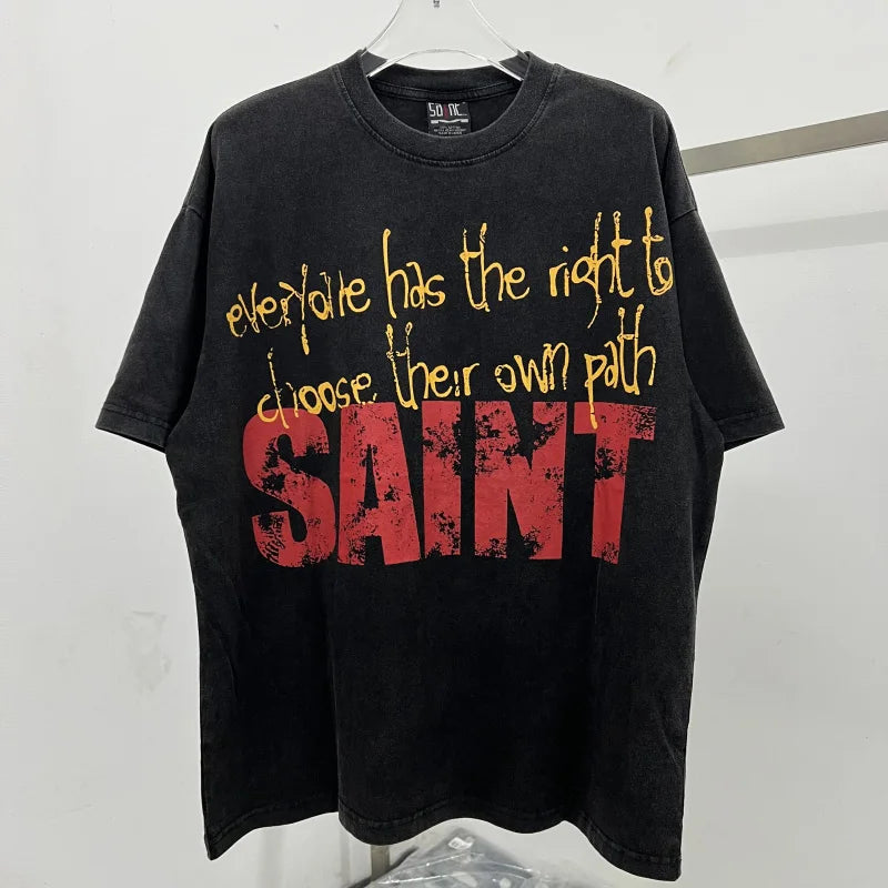 Oversized Saint T-Shirt Men Women Vintage Letter Print Streetwear