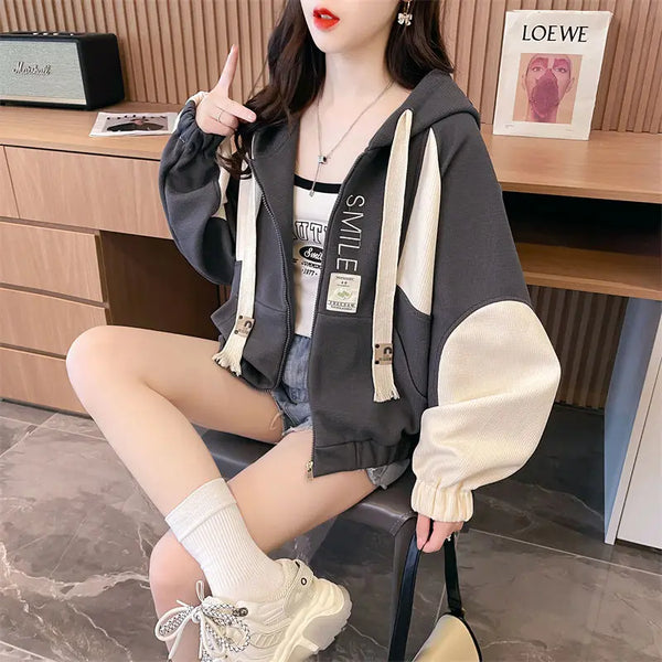 Womens Cropped Waffle Knit Hoodie Varsity Jacket Lightweight Top