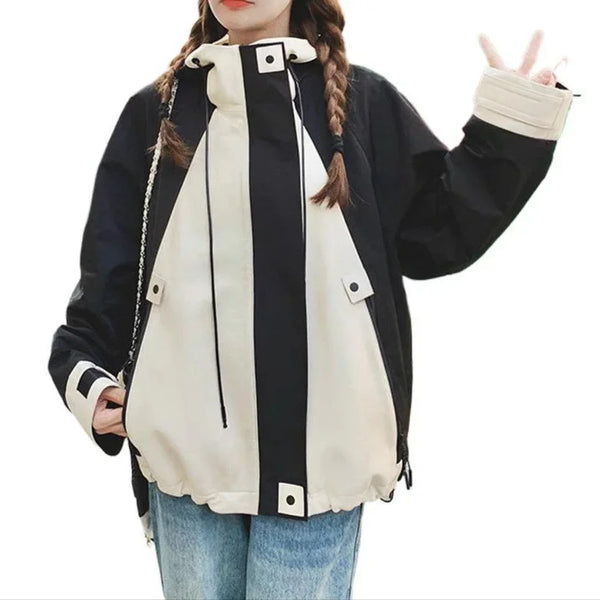 Womens Colorblock Fleece Jacket Hooded Workwear Style Outwear