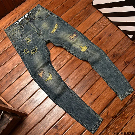 Men’s Ripped Patch Embroidered Jeans Elastic Straight Casual Streetwear
