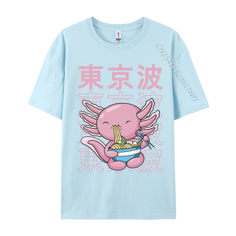 Kawaii Axolotl Eating Ramen Noodles T Shirt Autumn Hip hop
