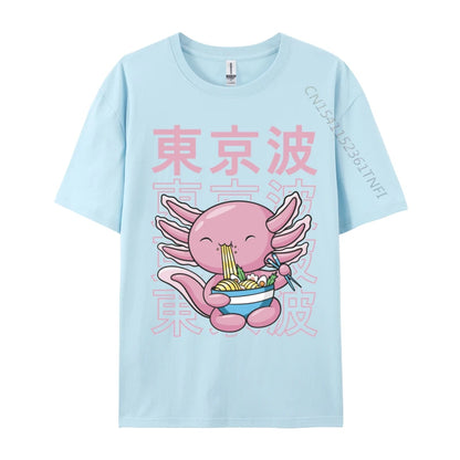 Kawaii Axolotl Eating Ramen Noodles T Shirt Autumn Hip hop