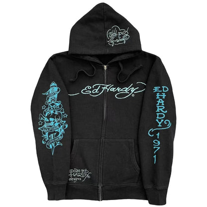 American Retro Skull Print Zipper Hoodie Men’s Loose Casual Sweatshirt