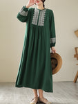 Long Cotton Dresses Women Vintage Style Geometric Embroidery Loose Female Casual Dress