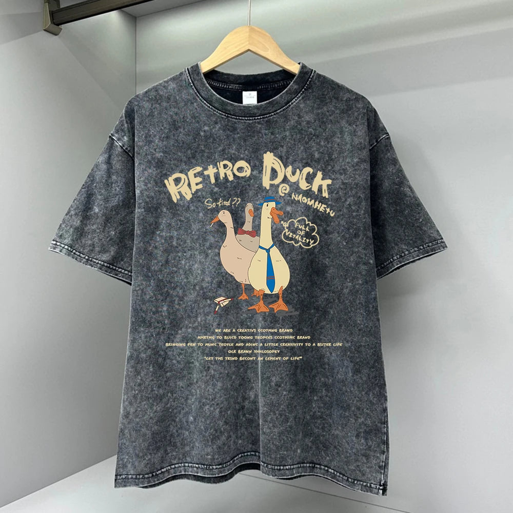 Three Ducks Retro Cartoon T-shirt for Men Summer Washed