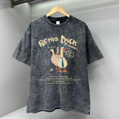 Three Ducks Retro Cartoon T-shirt for Men Summer Washed