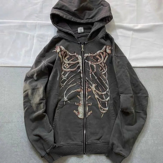 Y2K Gothic Skeleton Print Bones Zip Hoodie for Mens