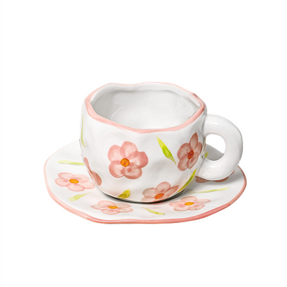 Flower Ceramic Coffee Cup Mug With Saucer Home Breakfast Handle Cup