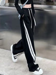 Striped Lace-up Black Sweatpants Outfit Streetwear Wide-leg Pants For Women