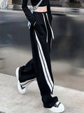 Striped Lace-up Black Sweatpants Outfit Streetwear Wide-leg Pants For Women