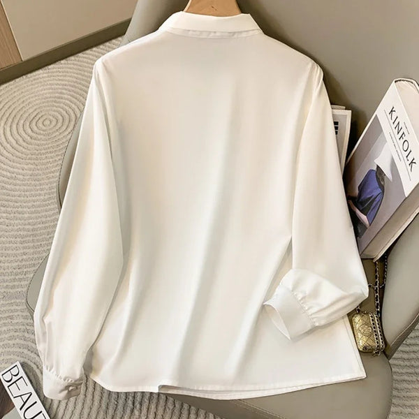 Plus Size Chiffon Blouse Women V Neck Bow Tie Long Sleeve Top