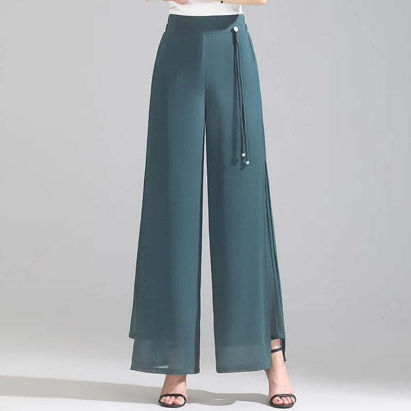 Women's Double Layer Chiffon Pants Elastic Waist Slim Chic