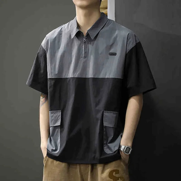 Mens Cargo Pocket Polo Shirt Half Zip Patchwork Casual Tee 2026