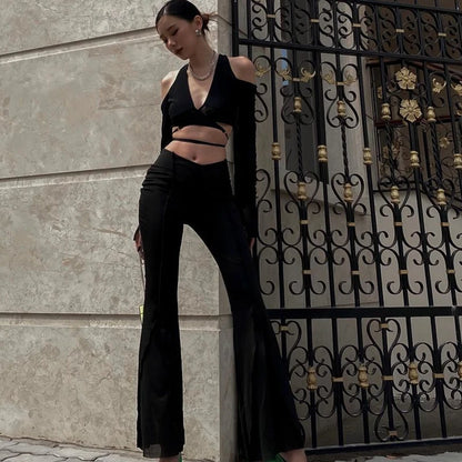 Gothic Mesh Crop Top Deep V Neck Y2K Streetwear Tee