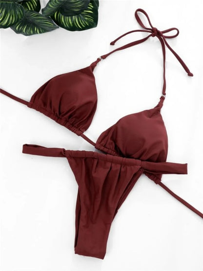 Damen-Bikini-Set, sexy Tanga, zweiteilige Badeanzüge, einfarbig