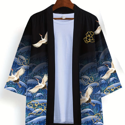 Animal Bird Patterns Crane Waves Asian Traditional Print Kimono Unisex