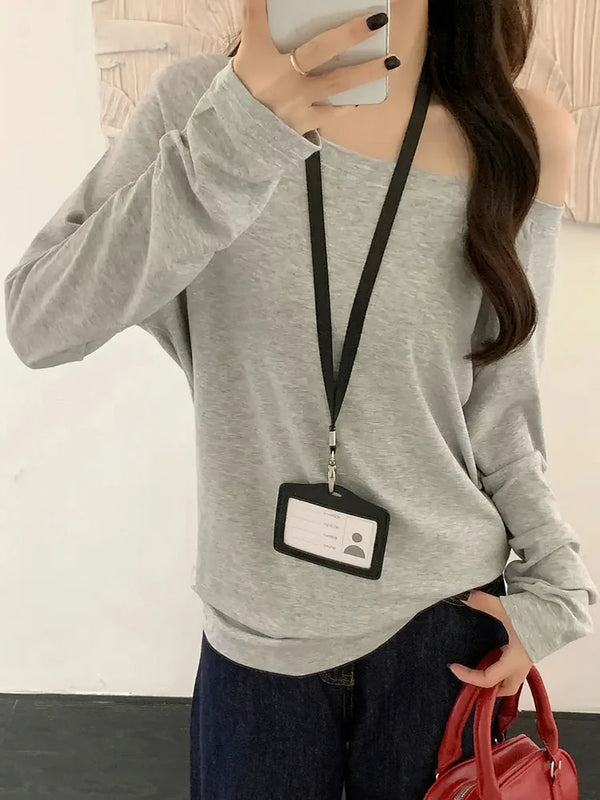Oversized Off Shoulder Long Sleeve Top Slouchy Loose Casual Tee