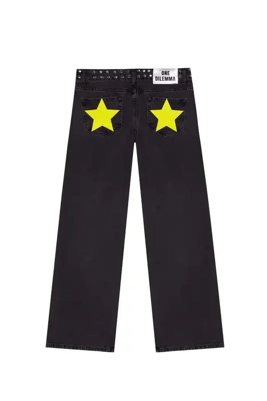 Y2K Black Baggy Jeans Women Star Sequin Rivet Washed Denim