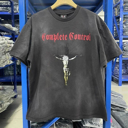 25SS Vintage Grey Saint T-Shirt Streetwear Character Logo Print Cotton