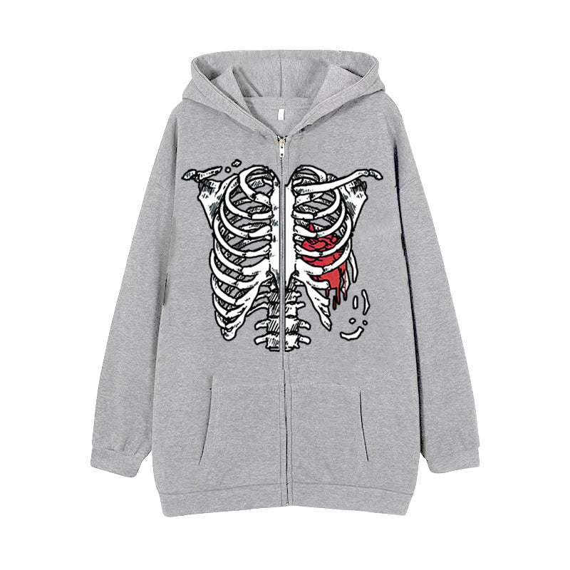 Y2K Dark Skull Skeleton Zip Up Hoodie Men's Jacket