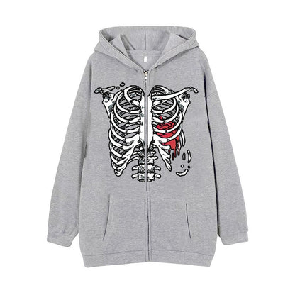 Y2K Dark Skull Skeleton Zip Up Hoodie Men's Jacket