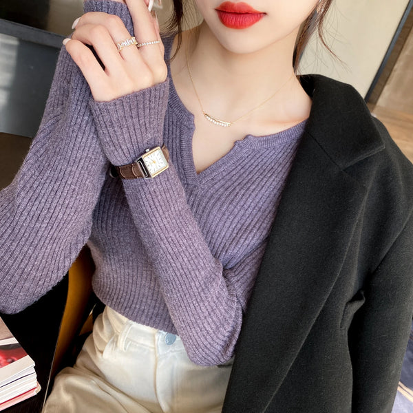 V Neck Sweater Women Knit Pullover Fall Winter Solid Color Top