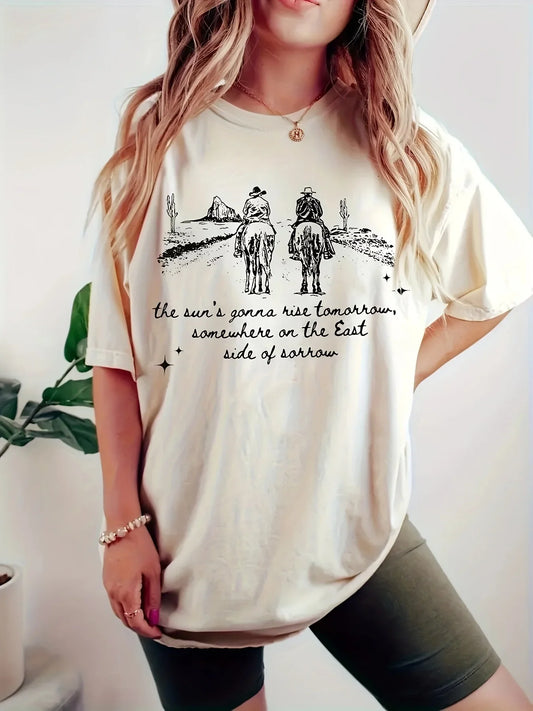 Oversized Horse Letter Print Tee Women’s Vintage Summer T-Shirt