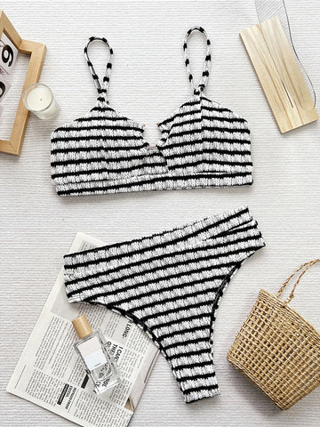 Black White Striped Cut Out Bikini Set