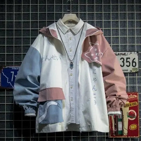 Anime Cat Hoodie Men Patchwork Japanese Streetwear Harajuku Style