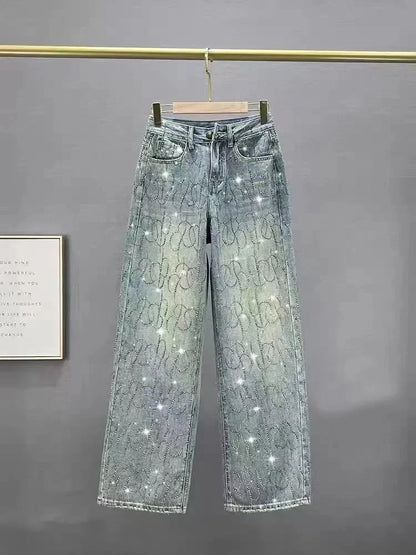 Women Jeans Shiny High Waist Loose Wide Leg Denim Pants Rhinestone Pants