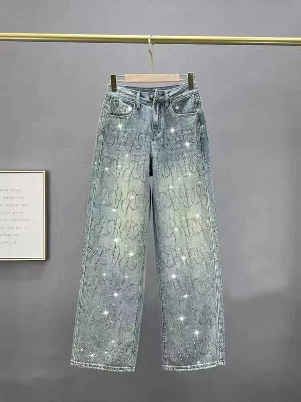 Women Jeans Shiny High Waist Loose Wide Leg Denim Pants Rhinestone Pants