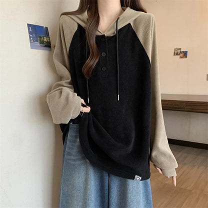 Womens Button Patchwork Hoodie Oversized Pullover Top Office Casual