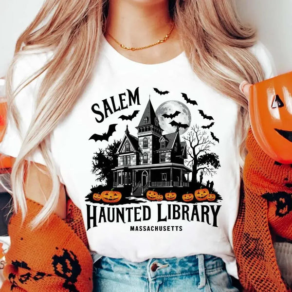Gothic Haunted Library Tee Vintage Salem Print Halloween Shirt