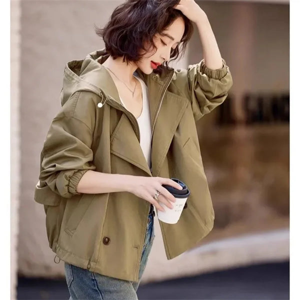 Womens Cropped Trench Coat Double Layer Hooded Short Windbreaker