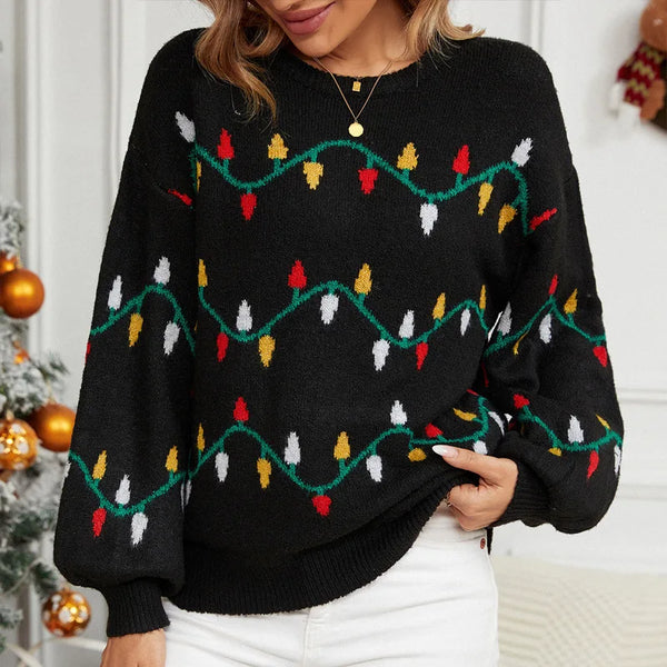 Women’s Christmas Knitted Sweater – Fashion Loose Pullover with Holiday Lights Design