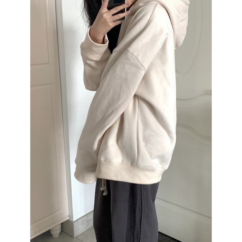 Harajuku Beige Farbe Frauen Hoodie Mode Cartoon Oversize Casual