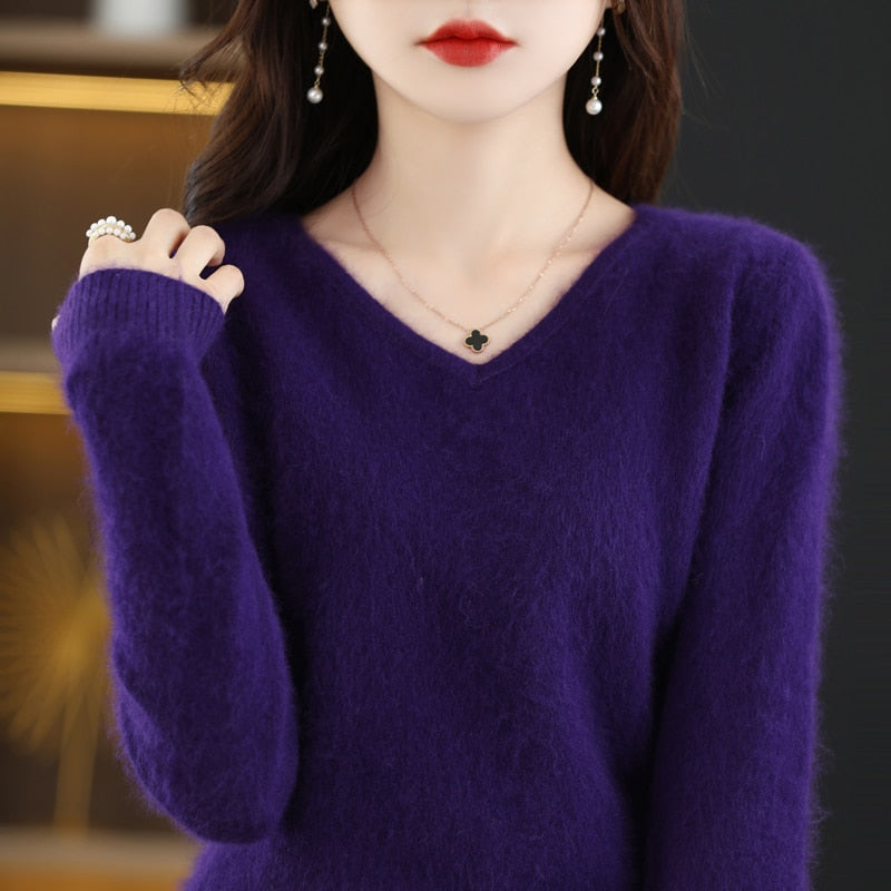 Sweater woman V-Neck Knitted Pullover Mink Cashmere Jumper Female  Soft Super Warm Sweater - xinnzy