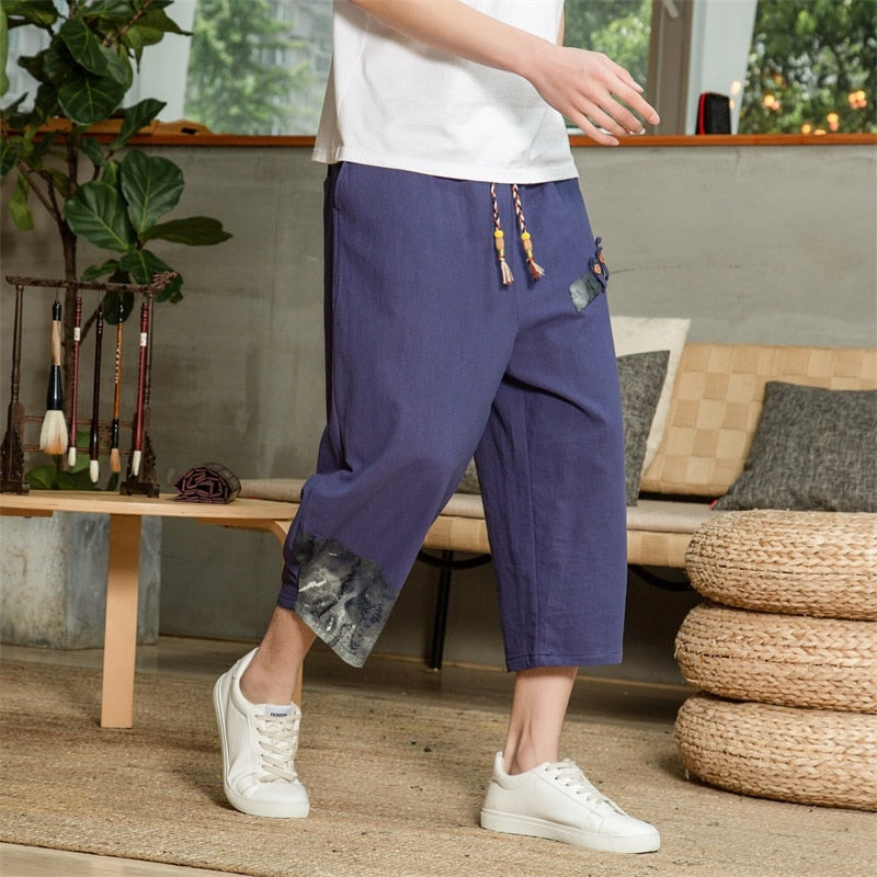 Japanese Cotton Linen Harem Pants Cropped for Men Casual Elastic Waist