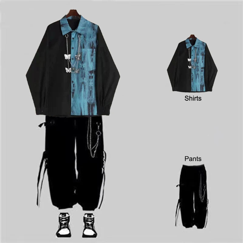 Harajuku Tie-Dye Shirt and Chain Cargo Pants Set Men Streetwear Suit