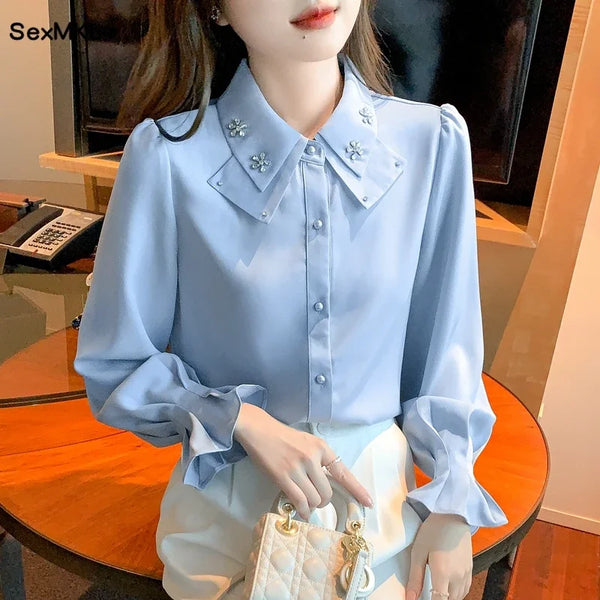 Chic White Chiffon Blouse Womens Long Sleeve Dressy Casual Top 2026