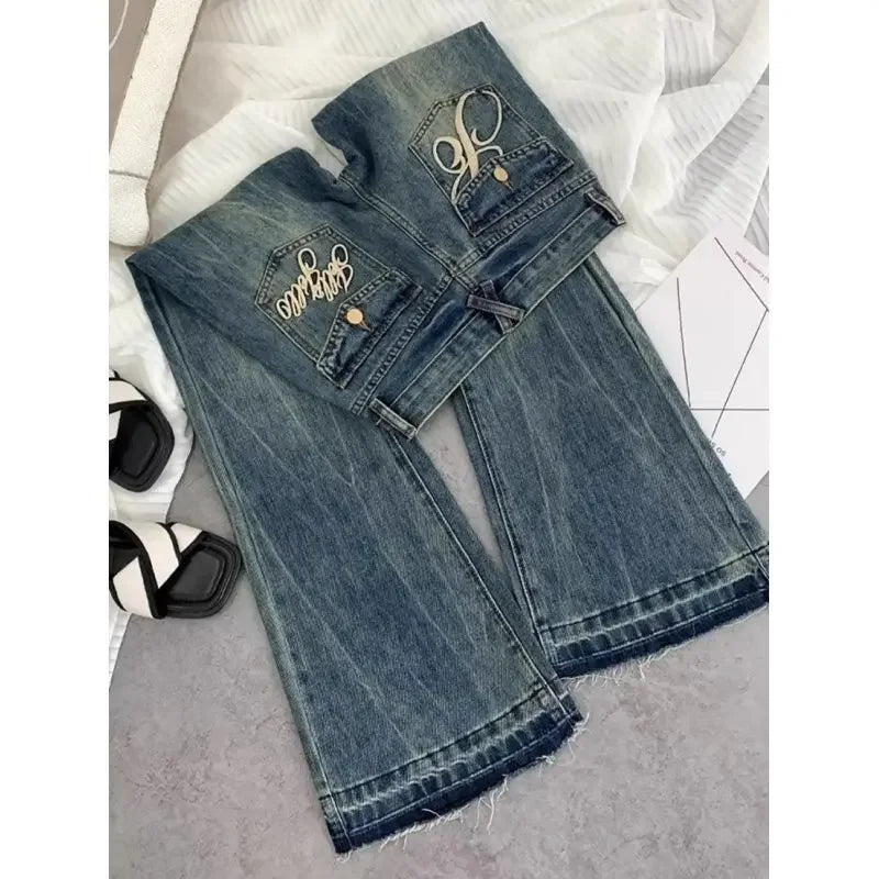 Women's American Retro Low-Waist Embroidered Bell Bottom Jeans