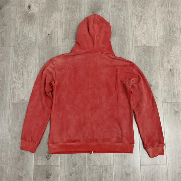 Oversized Red Zip Hoodie Unisex Washed Cotton Embroidered Jacket