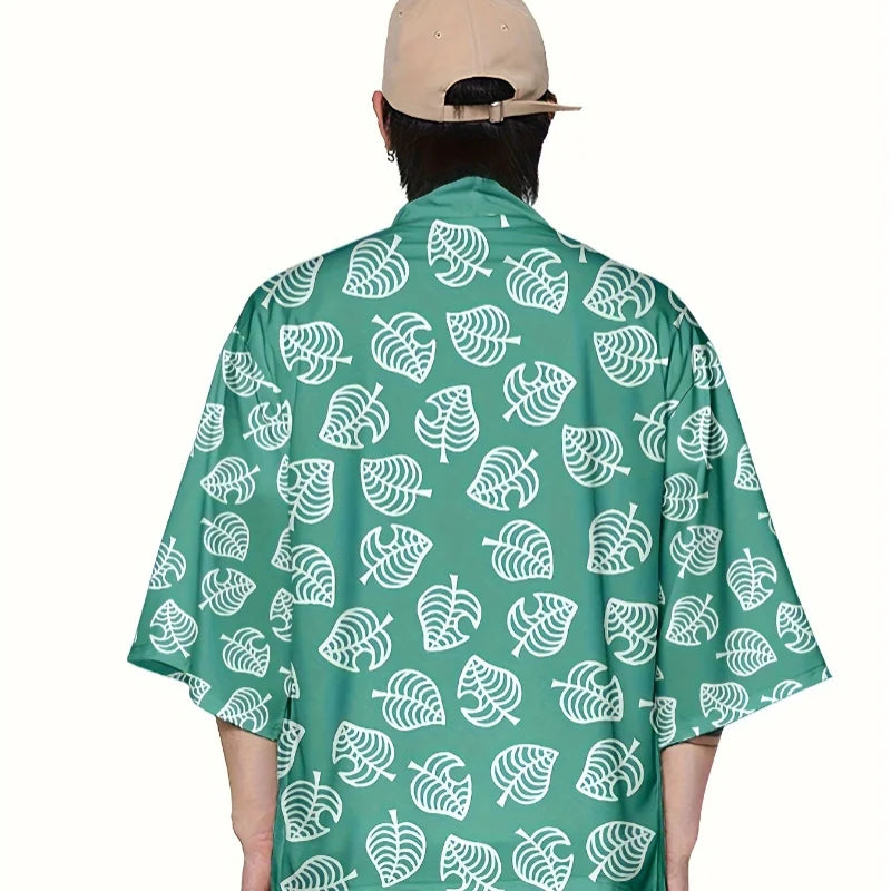 Leaf Print Haori Kimono Cosplay Costume Men Green Japanese Traditional