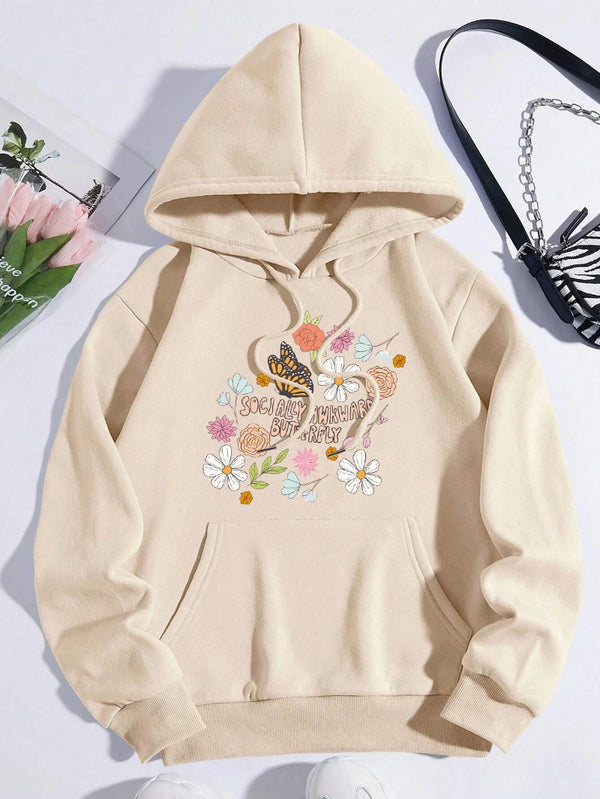 Flowers And Butterflies Hoodie Women Plants Prints Pocket Loose Pullover