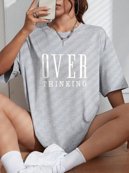 Over Thinking Letter Print Women Cotton Short Sleeve Breathable Vintage O-Neck