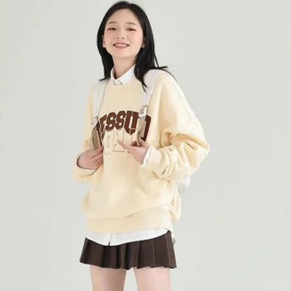 Women Hoodies Round Neck Korean Version Baggy Plush Thick Pullover Top Without Cap