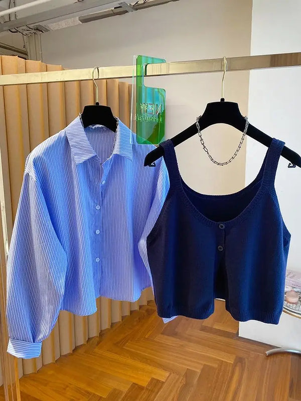Womens Knit Vest Cardigan Striped Shirt Two Piece Set Autumn Outfit