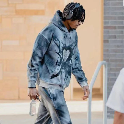 Men Retro Tie-Dye Love Print Fleece Hoodie