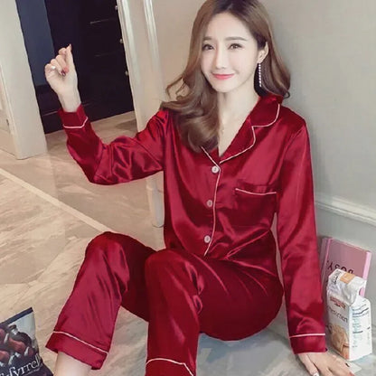 Plus Size Silk Pajamas Women Autumn Winter Soft Button-Up Sleepwear Set