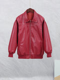 Contrast Stitching Red Jacket Fashion Lapel Long Sleeve Zippered Leather Coat